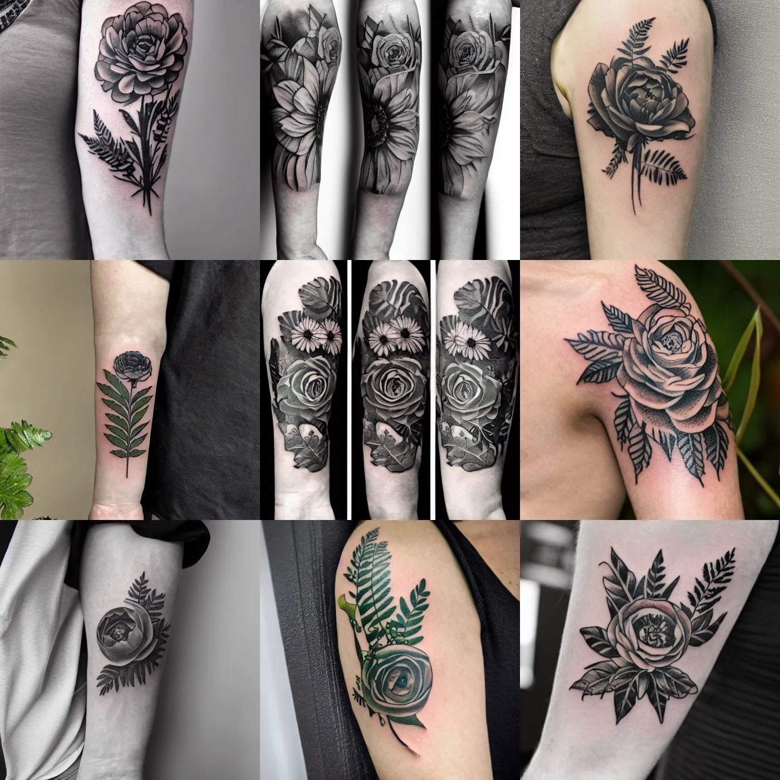 Prompt: A detailed black ink sleeve tattoo of a ranunculus flower surrounded by fern leaves