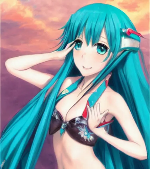 Image similar to Anime art very beautiful Hatsune miku by rossdraws, Gil Elvgren, Vladimir Volegov, Earl Moran, Enoch Bolles, symmetrical shoulders