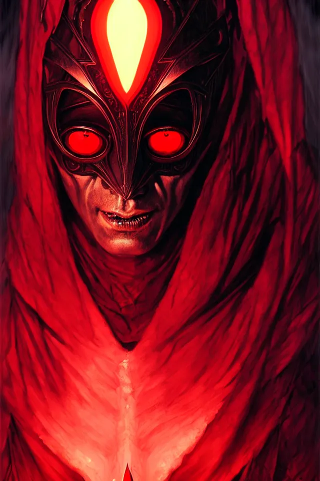 Image similar to a striking portrait of a pitch black masked eldritch shaman with sinister red eyes by moebius and ross tran and artgerm, detailed artwork, realism, 4 k resolution, detailed, high quality, sharp focus, hq artwork, insane detail, volumetric lighting, character concept art, fine details, tarot card, clear subject