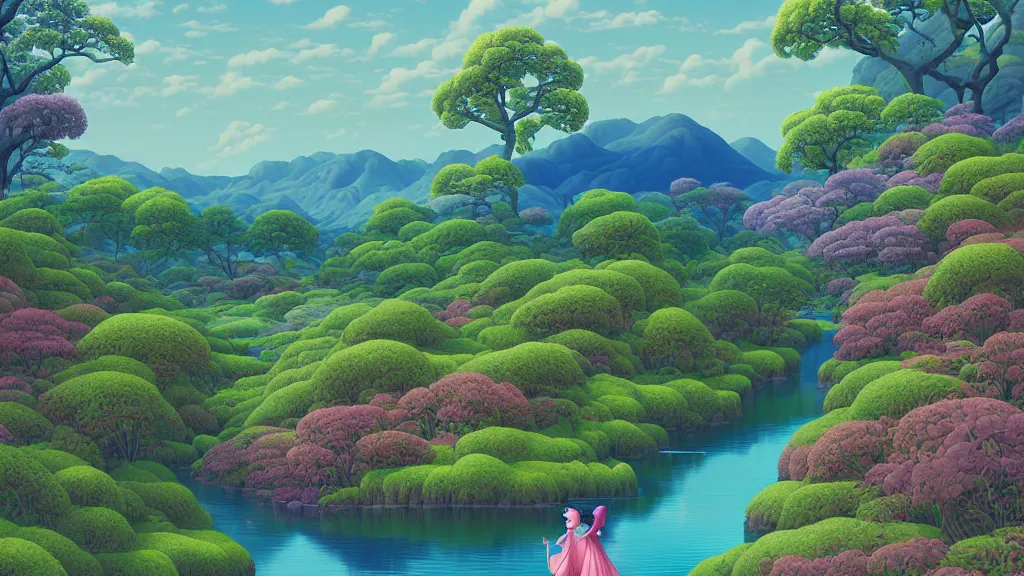 Image similar to digital painting of a lush river valley by gerald brom. blue river. spring day. chiho aoshima. digital render. detailed. beautiful landscape.