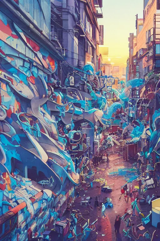 Image similar to people in a busy city people looking at a white building covered with a 3d graffiti mural with paint dripping down to the floor, professional illustration by artgerm, painterly, yoshitaka Amano, hiroshi yoshida, moebius, loish, painterly, and james jean, illustration, sunset lighting