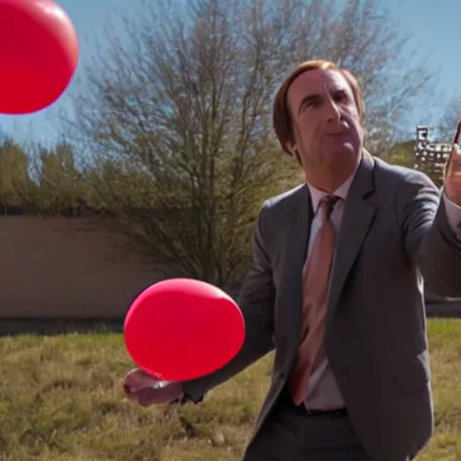 Image similar to saul goodman throwing dart at red ballon, still from better call saul