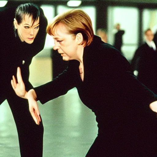 Prompt: Dramatic action shot of Angela Merkel dodging punch from Neo in the matrix movie