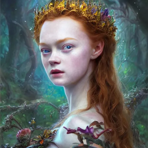 Prompt: upper body portrait shot of sadie sink as titania, summer queen. faerie queen. queen of light., highly detailed, digital painting, artstation, concept art, soft focus, depth of field, artgerm, tomasz alen kopera, peter mohrbacher, donato giancola, wlop, boris vallejo