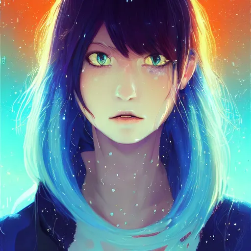 Image similar to water dripping on rimuru tempest crying, enveloped in galactic trails, sky blue straight hair, bangs, with amber eyes, black jacket, high collar, ultra detailed, euphoric, masterpiece, digital painting, psychedelic, cinematic, wlop, pixiv, ilya kuvshinov, ross tran