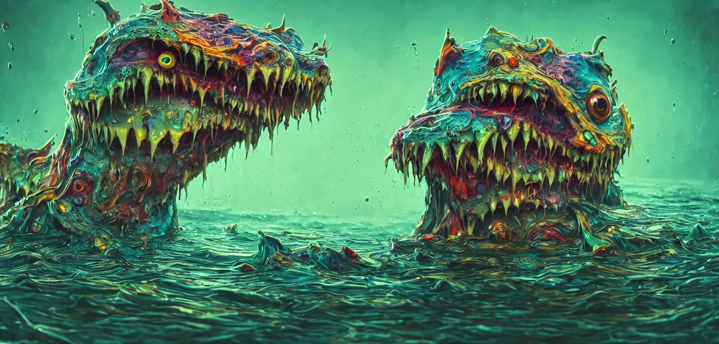 Prompt: intricate colourful murky with strange cute friendly angry crazy creatures with huge beauty eyes!!!!!!!! long tongue triangle teeth and scary face appearing from the water, in the style of craola, shallow depth of field, highly detailed, digital painting, trending artstation, concept art, illustration, cinematic lighting, vibrant colors, photorealism, epic, octane render