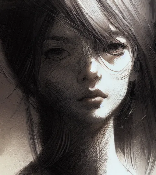 Prompt: portrait of anime girl, pen and ink, intricate line drawings, by craig mullins, ruan jia, kentaro miura, greg rutkowski, loundraw