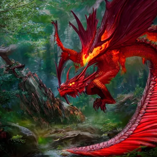 Image similar to red fire dragon in verdant forest, dnd character, background focus, high fantasy, magic, regal, realistic textured skin, gemstone textured scales, wings extended, spitting fire, huge eyes, clear clean, by lya kushinov, Avetetsuya Studios, Alexandra Fomina artstation, by Makoto Shinkai, Shinerai, matte painting