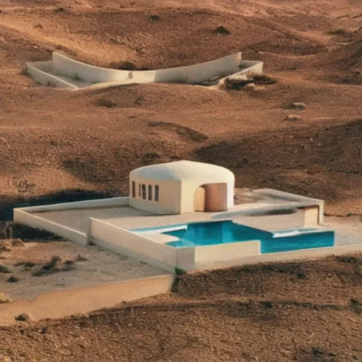 Prompt: a Non-Euclidean orb-like clay house sitting in the desert, vintage photo, beautiful cinematography, blue sky, film grain