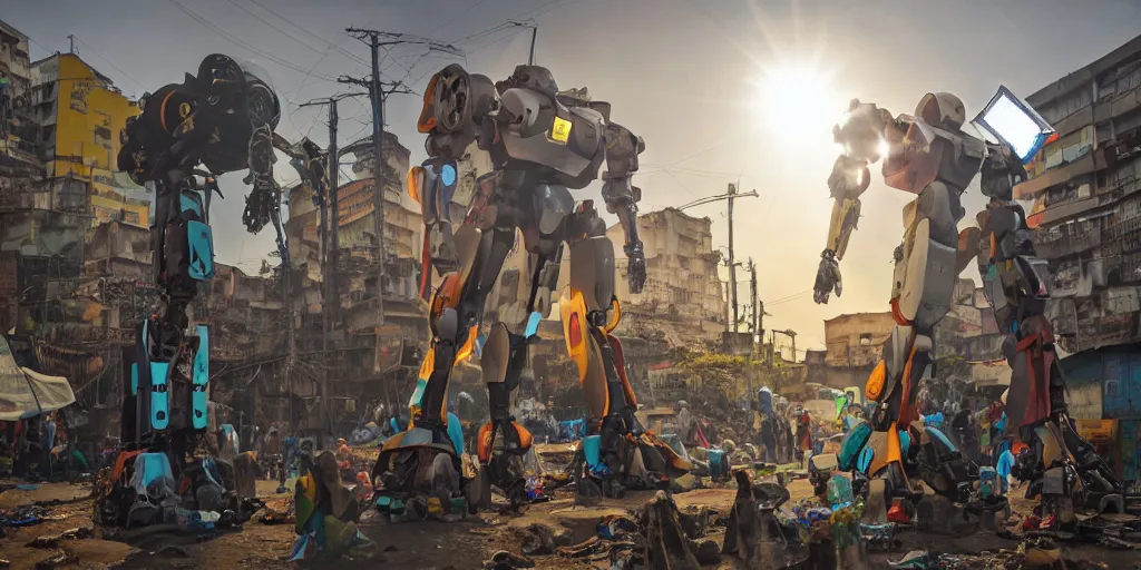 Prompt: mecha robot in Ajegunle slum of Lagos conversing with African Jesus Christ about beauty under a large UFO beaming a neon ray of light,