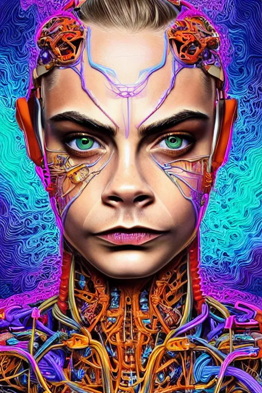 Prompt: Portrait of Cara Delevingne wearing epic bionic cyborg implants of different vibrant colors, detailed intricate ornate cables connected to head, portrait front face reference, by Dan Mumford and Naoto Hattori, extremely beautiful and proportionate, masterpiece, intricate, highly detailed, digital painting, Matrix Theme, artstation, concept art, crepuscular rays, smooth, sharp focus, illustration, background made from fractals of vibrant universe stars, cyberpunk colors, volumetric lighting, art by artgerm and james jean and Nick Sullo