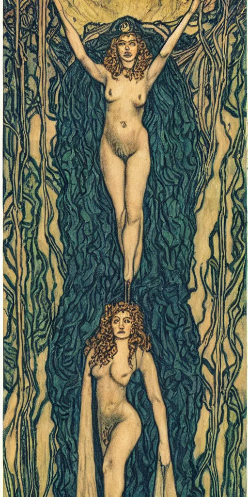 Prompt: princess of wands tarot card by austin osman spare