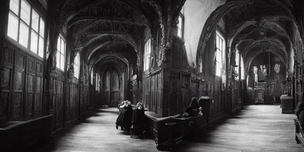 Image similar to house hall with 1 0 old women wearing black hooded cloaks, evil, black and white, lurking, looking at the camera, fear, dramatic lighting