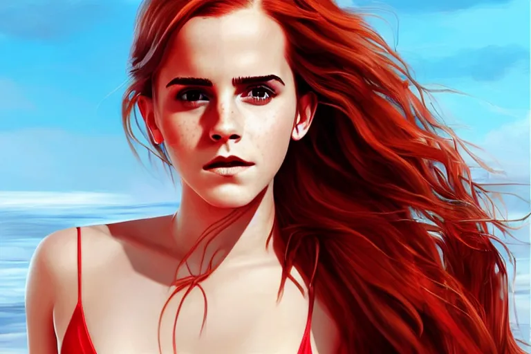 Prompt: Red-haired beauty Emma Watson in a bikini, full body, full height , highly detailed, mid-shot ,pixiv , digital painting , concept art