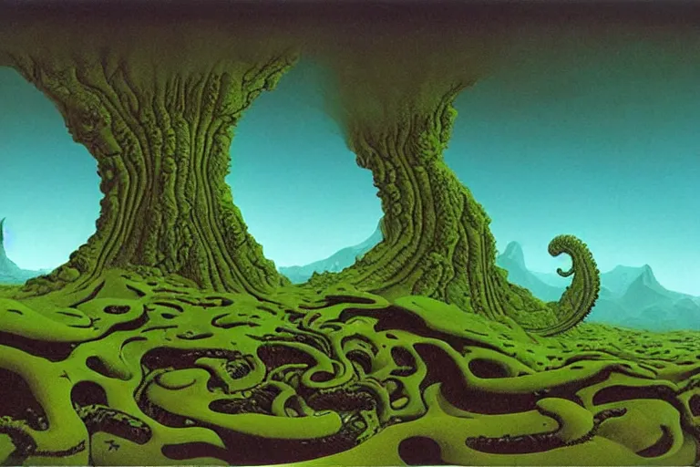 Image similar to lovecraftian landscape, another world by Roger Dean