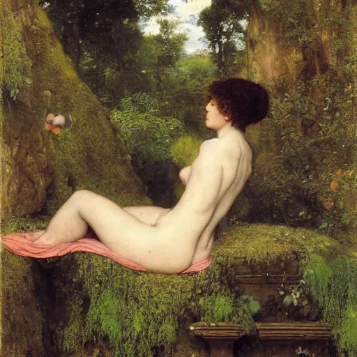 Image similar to a renaissance oil painting by alma tadema of a woman turned back on a stone balcony covered in moss with over shoulder view on a jungle, colourful pastel, detailed academic bouguereau, sharp focus