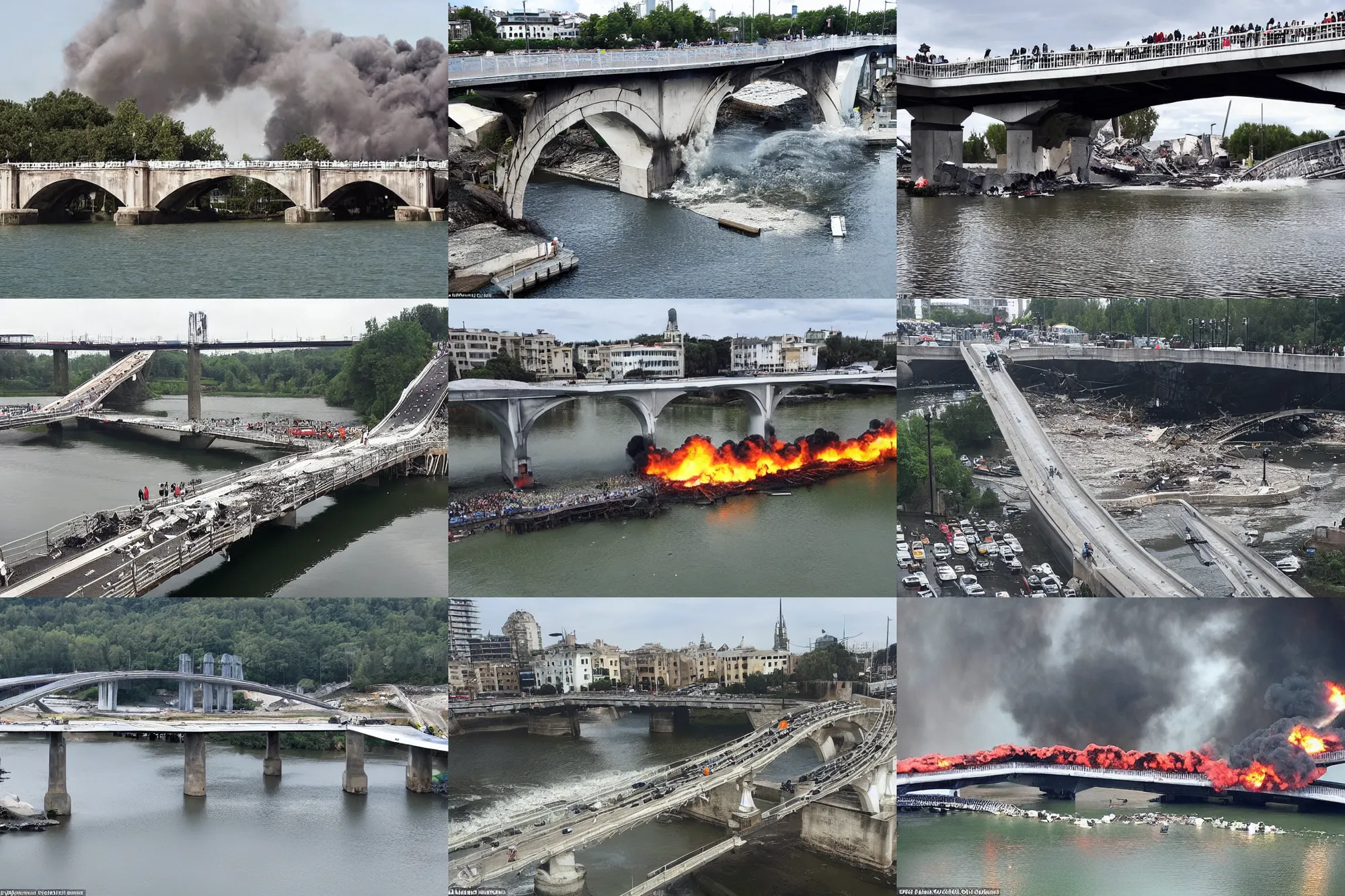 Prompt: an expensive and beautiful bridge with large columns located above the water on which there are a large number of cars, a big explosion destroys it