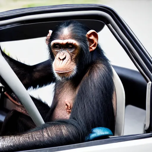 Image similar to a chimpanzee in a racing suit sitting in a porsche cabrio, photography, commercial photo