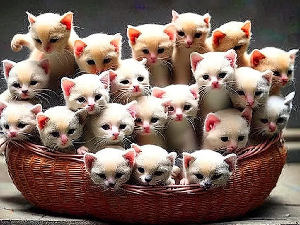 Prompt: a perfect photograph of a basket made of woven kittens, a horrifying concoction of craft, fur, legs and gratuitous nightmares