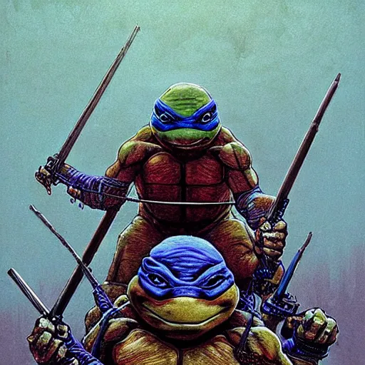 Image similar to ninja turtles by beksinski and tristan eaton, dark neon trimmed beautiful dystopian digital art