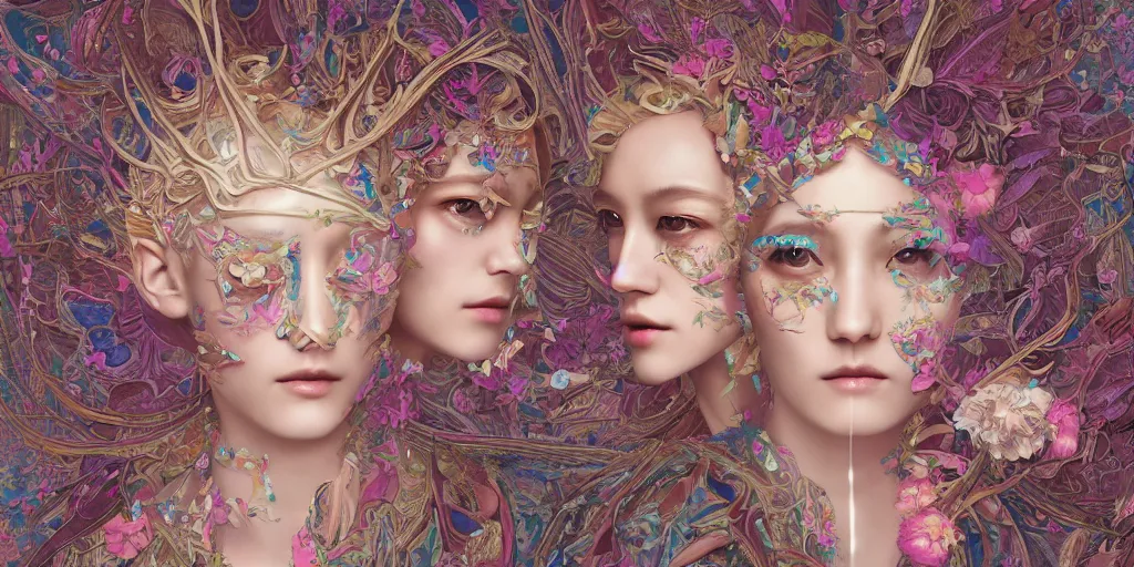 Image similar to breathtaking detailed concept art painting kaleidoscope art deco pattern of blonde faces goddesses amalmation flowers, by hsiao - ron cheng, bizarre compositions, exquisite detail, extremely moody lighting, 8 k