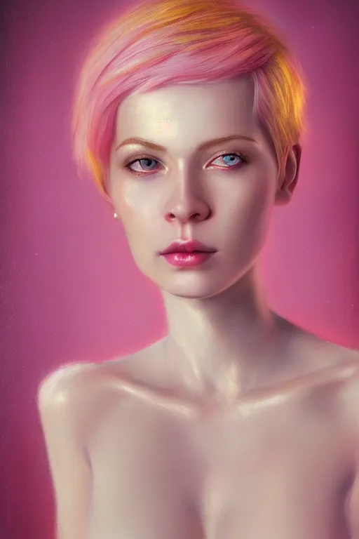 Image similar to Portrait of a beautiful pale skin Nordic female with short pink hair, elegant, photorealistic, highly detailed, artstation, smooth, sharp focus, gold ornaments, neon lighting, sci-fi, art by Klimt.