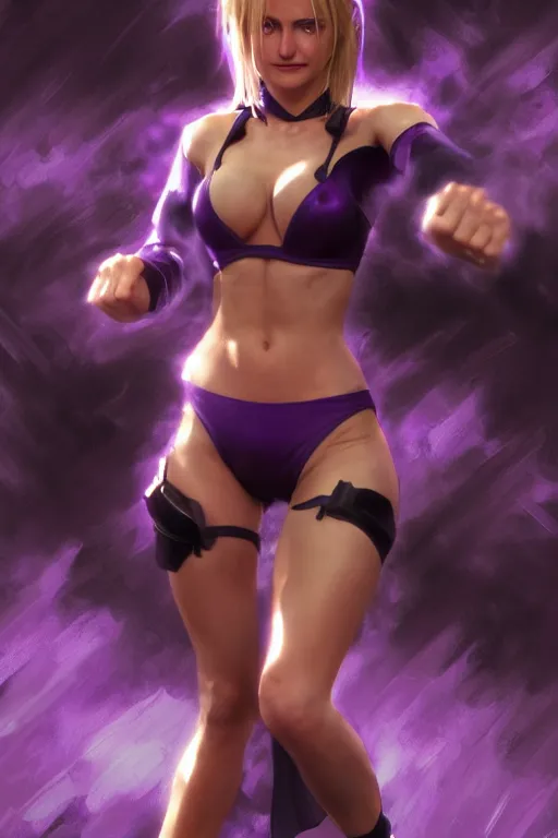 Prompt: Tekken 4 fighter anime Cameron Diaz with purple leotard, long black hair wearing fighting cuffs in a fighting stance, digital painting, artstation, concept art, soft light, hdri, smooth, sharp focus, illustration, art by tian zi, craig mullins, Mark Arian, WLOP, alphonse mucha