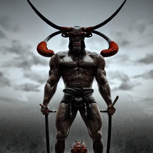 Prompt: Giant Muscular Baphomet wearing Samurai outfit painted by Zdislaw Beksiński, 8k realistic octane render, ray tracing, high photo realistic, high detailed, cinematic composition, natural volumetric lighting, artstation trending,