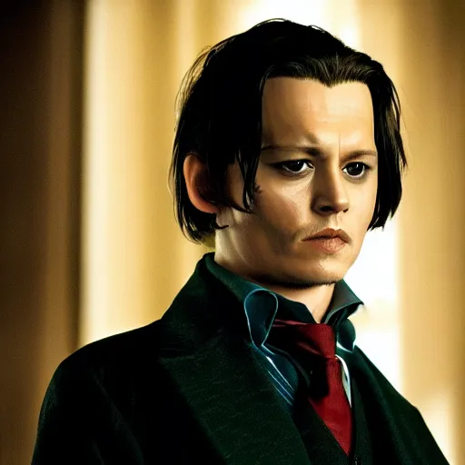 Image similar to Film Still of a Young Adult Johnny Depp playing Adult Tom Riddle in Harry Potter, Film Still, realistic, hyperrealistic, very realistic, very very realistic, highly detailed, very detailed, extremely detailed, detailed, detailed face, very detailed face, very detailed face, realism, HD Quality, 8k resolution, intricate details, body and head in frame, Real Life