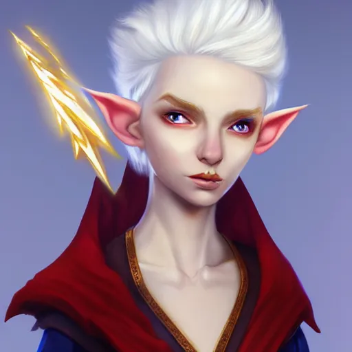 Image similar to Beautiful white haired aged fair skinned scholar elf with spell scroll and lightning background, full body, symmetrical, realism, digital painting, detailed artwork, portrait, mythical, artstation