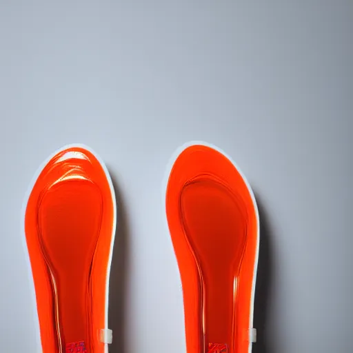 Image similar to an ultra high definition professional studio photograph, 5 0 mm f 1. 4 iso 1 0 0. the photo is set in a plain white room with a plain white plinth centrally located. the photo depicts a fashionable jelly shoe. the colour of the jelly shoe is orange.