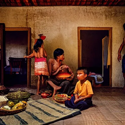 Prompt: a cinematic photograph of an Indonesian family inside their traditional house, by Gregory Crewdson, shot on 35mm film camera, natural lighting, 8K