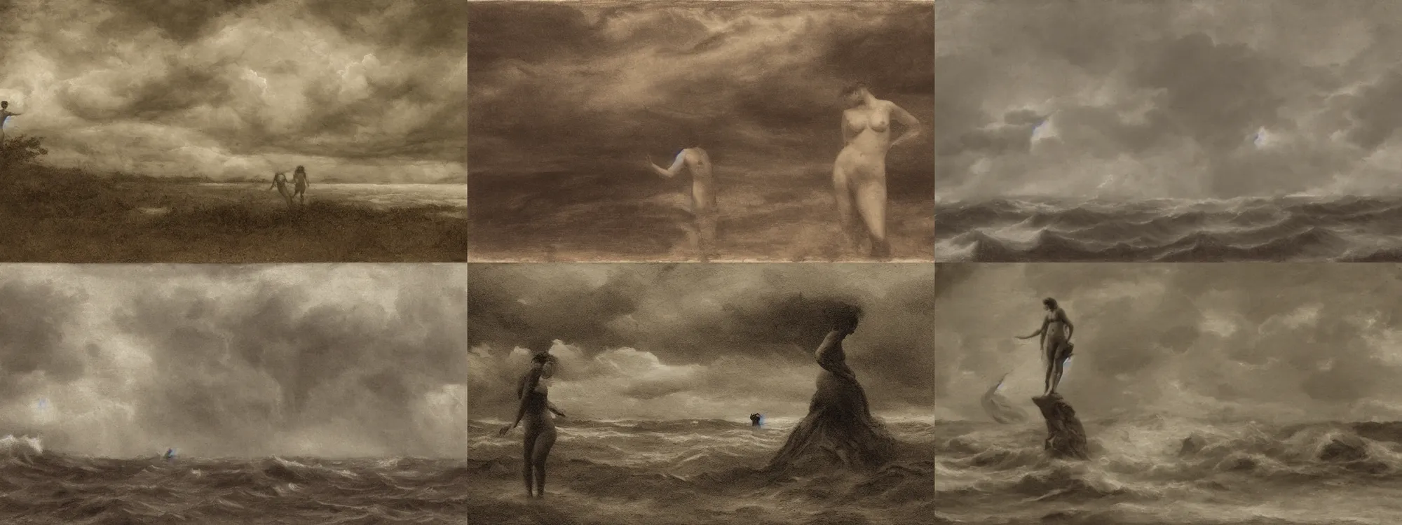 Prompt: unclad against the storm, sepia