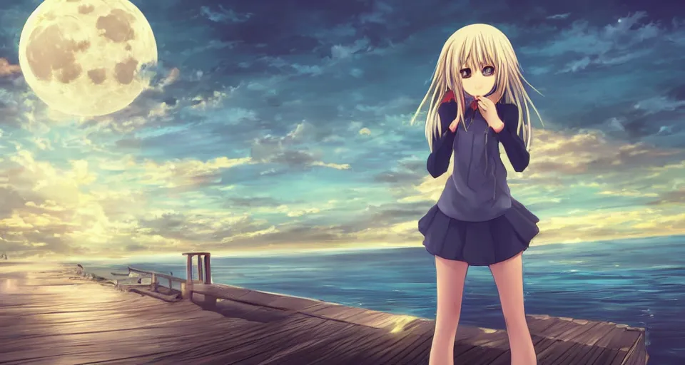 Prompt: one anime girl standing on a pier, blue shiny eyes, looking at the camera, cute, the ocean as background at twilight, big moon above the water, colorful, magical, smooth, extremely detailed, devianArt