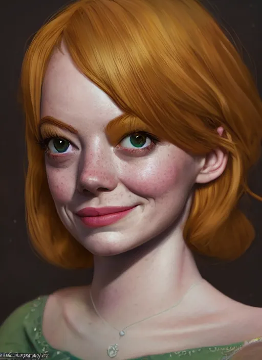 Image similar to portrait of emma stone as shrek, disney style, naturel, hyper detailed, digital art, trending in artstation, cinematic lighting, studio quality, smooth render, unreal engine 5 rendered, octane rendered, art style by klimt and nixeu and ian sprigger and wlop and krenz cushart.