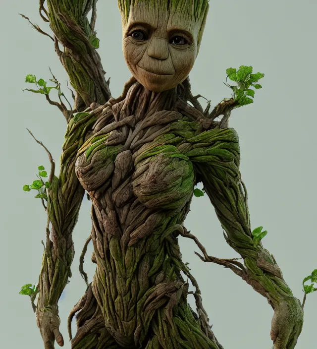 Image similar to female groot, nostalgia, very detailed texture, realistic shaded lighting, studio quality, digital art, dynamic background, unreal engine 5 rendered, octane rendered, pinnacle studio, naturel, trending on artstation, art style by ian sprigger