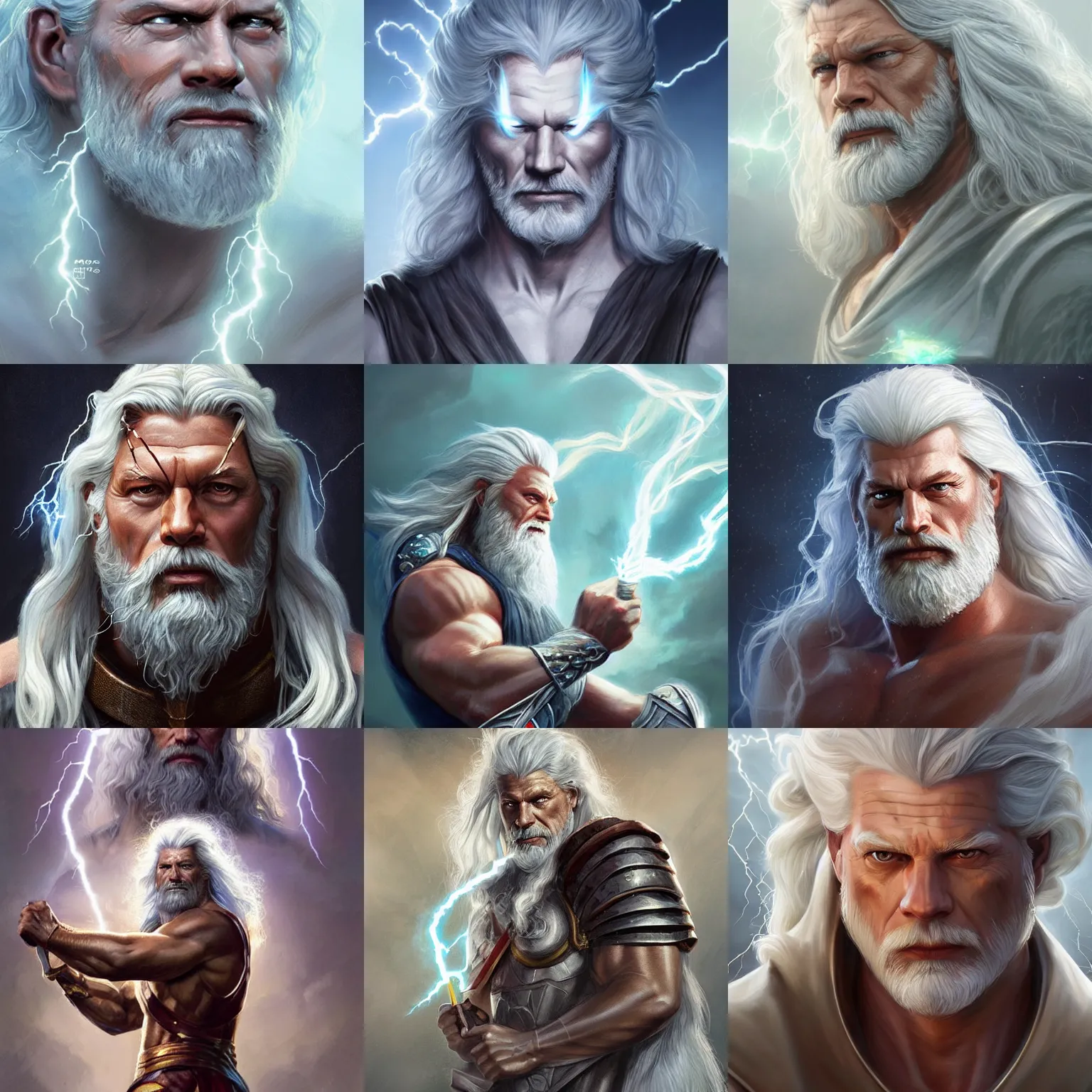 Prompt: zeus, god of thunder, stephen lang, long white hair turning to lightning, lightning, D&D, fantasy, highly detailed, digital painting, trending on artstation, concept art, sharp focus, illustration, art by artgerm and greg rutkowski and magali villeneuve