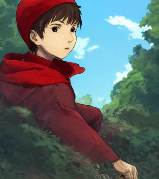 Prompt: attractive little boy character inspired in little red riding hood, digital artwork made by akihiko yoshida and makoto shinkai
