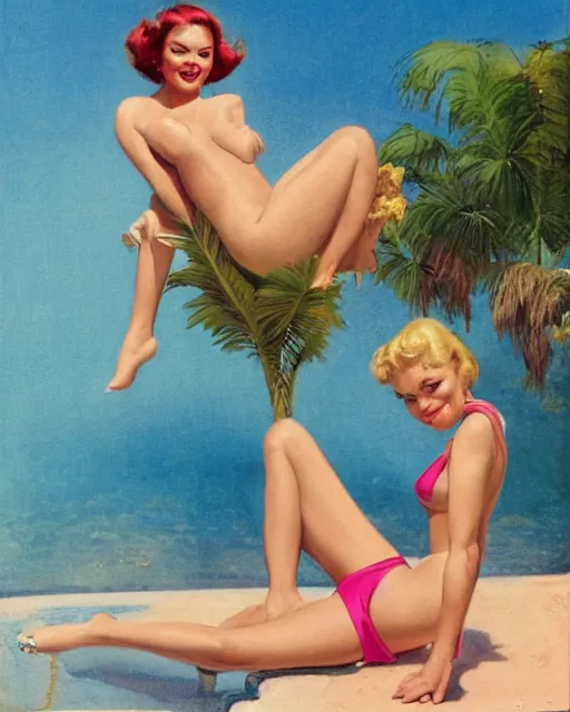 Image similar to tuesday weld in a pink bikini, tuesday weld half immersed in water in a palm springs midcentury swimming pool by gil elvgren, by mort kunstler, by earl norem