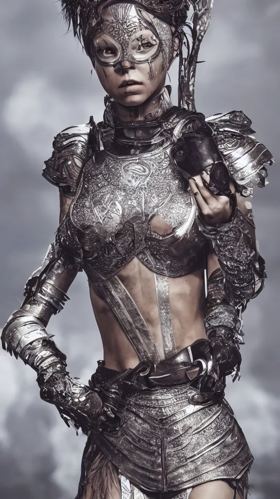 Prompt: exotic female athletic warrior wearing silver ornate detailed armour, transparent plastic clothing, dirt and sweat on body, elegant face, smudged running makeup, haute couture, regal, straps belts and harnesses, urban style, unreal engine, bloom, cinematic camera,