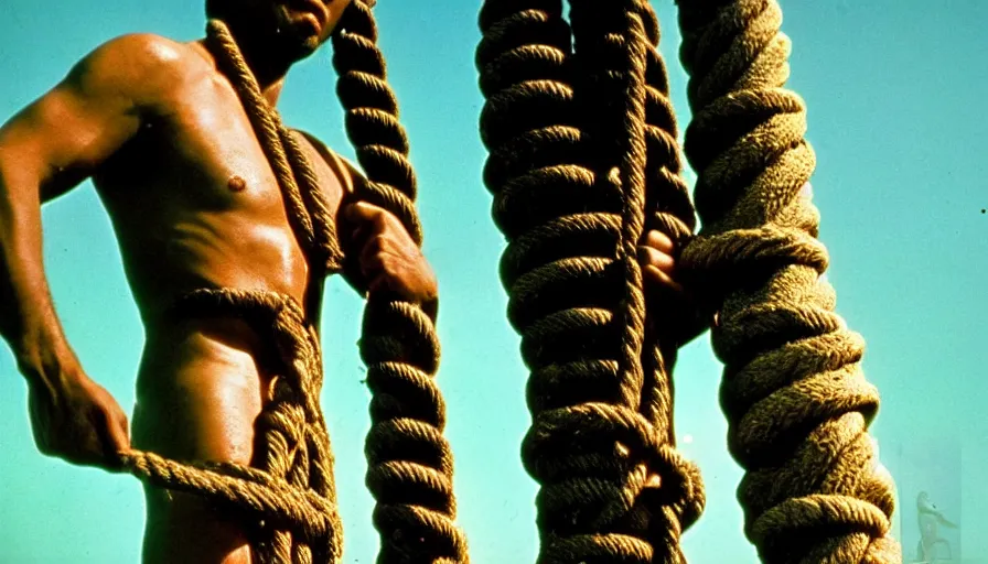 Prompt: 1 9 6 0 s movie still close - up of marcus atilius regulus tied with ropes at a pole with his wide open bleeding eyes looking at the burning sun, cinestill 8 0 0 t 3 5 mm eastmancolor, high quality, heavy grain, high detail, texture, dramatic light, anamorphic, hyperrealistic, detailed hair