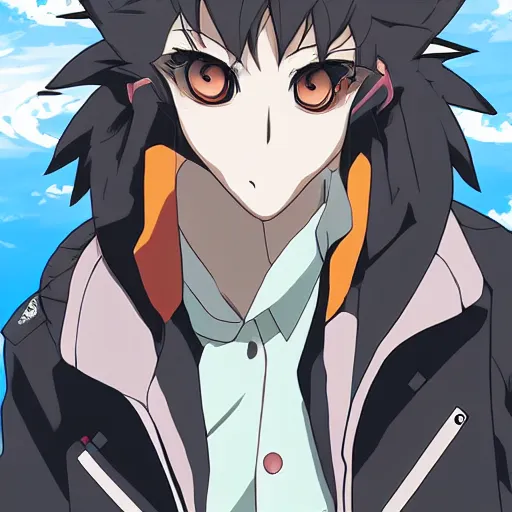 Image similar to key anime visual portrait of an anthropomorphic anthro wolf fursona, in a jacket, with handsome eyes, official modern anime art