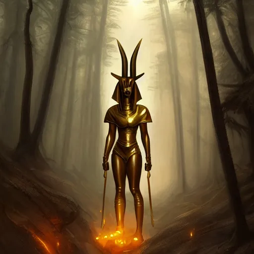 Prompt: long shot photo of anubis wear in golden heroic armour in the foggy forest, foggy bottom, highly detailed, digital painting, artstation, smooth, sharp focus, illustration, art by artgerm and greg rutkowski and alphonse mucha