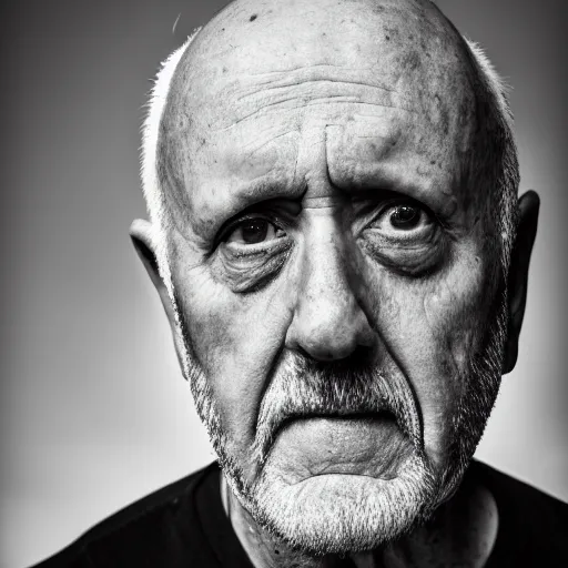 Image similar to Mike Ehrmantraut black and white portrait, XF IQ4, f/1.4, ISO 200, 1/160s, 8K, RAW, unedited, symmetrical balance, in-frame