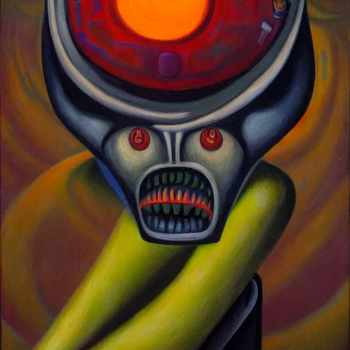 Image similar to alien robot shaman, dystopian, pj crook, edward hopper, oil on canvas