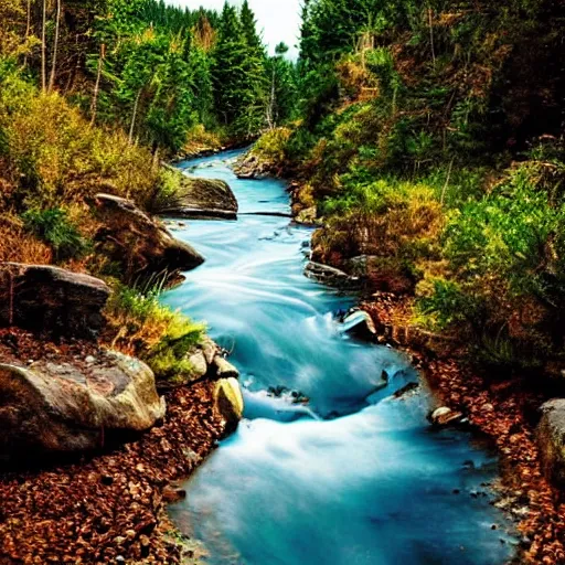 Prompt: a beautiful landscape, river, rocks, trees, by greg rutkowsi, glitch