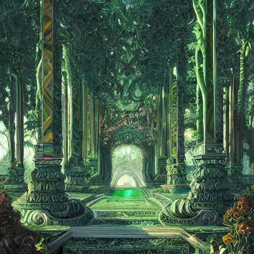 Prompt: a detailed oil painting by michael whelan and donato giancola of an intricate, ornate palace made of green, polished semiprecious malachite marble and jade, hyper detailed, hd, artstation, beautiful sunrise lighting, surrounded by trees