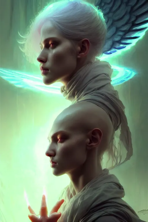 Image similar to beautiful necromancer girl, angels, wonderful eyes, three - dimensional rendering, hyperrealistic detailed portrait holding light and electricity, ruan jia, clap. scifi, fantasy, magic the gathering, over - detailed, octane rendering, concept art by artgerm, peter murbacher, detailed and complex environment