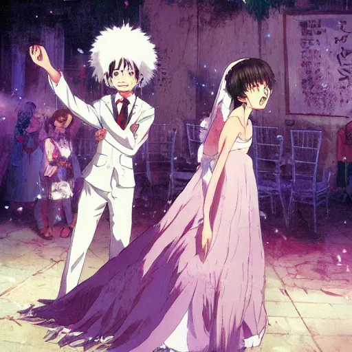 Image similar to Anime bride screaming and slapping a groom, funny, vivid colors, by studio ghibli and greg rutkowski