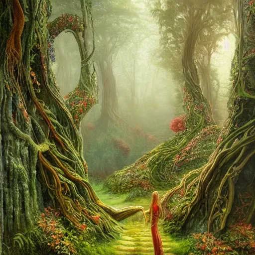 Image similar to a beautiful and highly detailed oil painting of an overgrown elven forest temple in the misty mountains, detailed plants and trees and flowers, intricate details, epic scale, insanely complex, 8 k, sharp focus, hyperrealism, fantasy landscape, psychedelic, by caspar friedrich and james gurney,